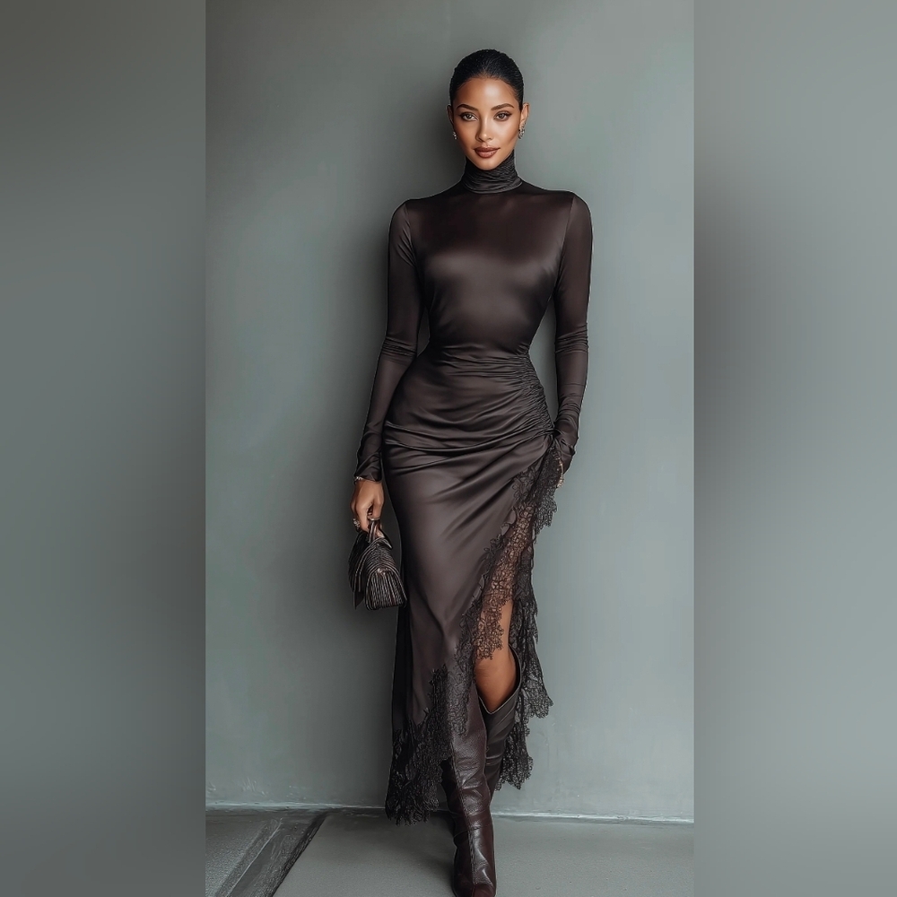 Women's Dark Brown Satin Irregular Hem Lace Slim Maxi Dress